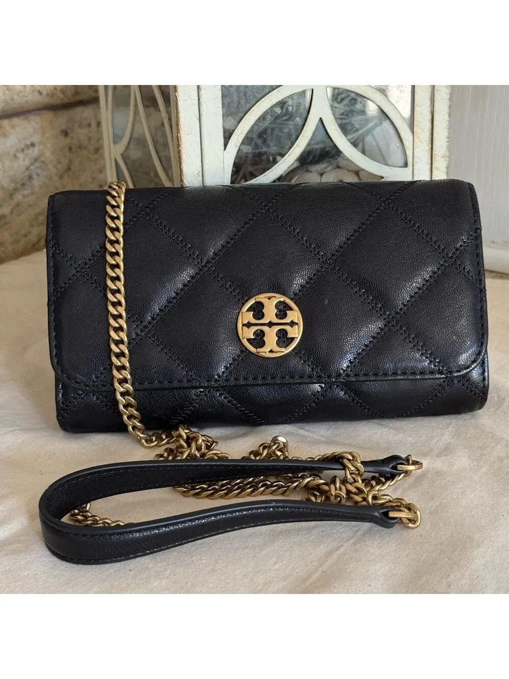 New Tory Burch Willa Diamond Quilted Soft Leather Crossbody Chain Wallet Bag,